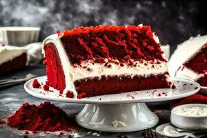 ai généré une tranche de rouge velours gâteau sur une blanc assiette photo