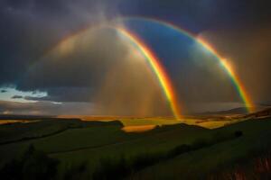 ai généré deux double arcs en ciel plus de une champ avec vert herbe photo