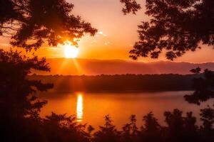 ai généré le Soleil ensembles plus de une Lac et des arbres photo