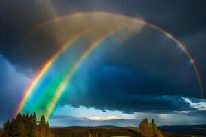 ai généré une double arc en ciel est vu plus de une champ avec des arbres photo