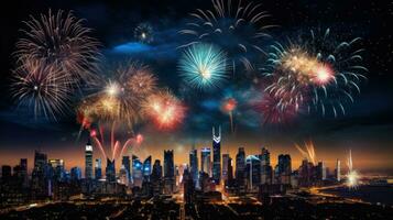 ai généré comme le l'horloge grèves minuit, feux d'artifice éclairer le nuit ciel, La peinture il avec éclats de Couleur photo