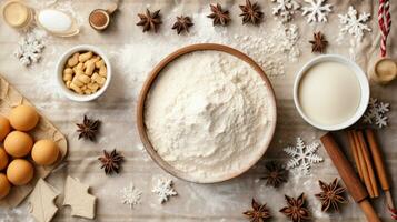 ai généré cuisson fournitures, farine, sucre, biscuit coupeurs, et une roulant broche, pour le Noël cuisson esprit. photo