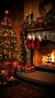 ai généré décoré Noël arbre, cadeaux, et une rugissement Feu dans le cheminée photo