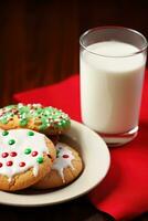 ai généré verre de Lait et une assiette de fraîchement cuit Noël biscuits, Achevée avec arrose et Glaçage. photo