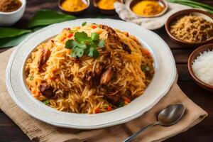 ai généré poulet biryani dans une blanc bol sur une en bois table photo