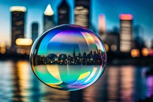 ai généré une coloré bulle avec une ville horizon dans le Contexte photo