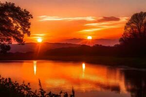 ai généré le Soleil ensembles plus de une rivière et des arbres photo