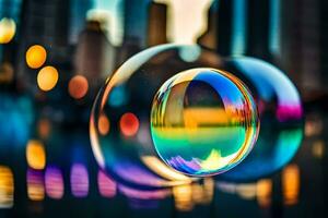 ai généré une coloré savon bulle dans de face de une ville horizon photo