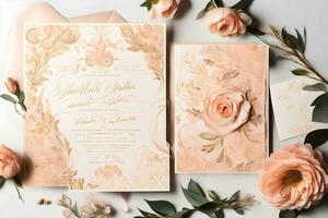 ai généré une mariage invitation avec rose des roses et feuilles photo