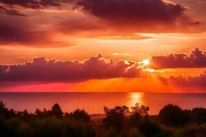 ai généré le Soleil ensembles plus de le océan et des nuages photo