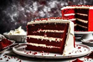 ai généré une tranche de rouge velours gâteau sur une assiette photo