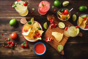 ai généré mexicain nourriture avec puces, salsa et citron vert jus photo
