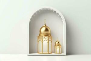 eid mubarak et Ramadan kareem salutations avec islamique lanterne et mosquée. eid Al fitr Contexte. eid Al fitr Contexte de fenêtre concept par ai généré photo