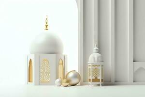 eid mubarak et Ramadan kareem salutations avec islamique lanterne et mosquée. eid Al fitr Contexte. eid Al fitr Contexte de fenêtre concept par ai généré photo