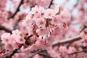 ai généré fermer de printemps saisonnier Cerise fleur fleur et Sakura fleur sur bokeh Contexte ai généré photo