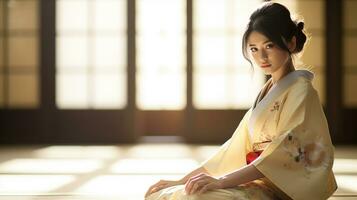 ai généré Japonais magnifique femme portant traditionnel kimono dans gros brillant pièce avec tatami photo