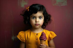 ai généré une peu fille en portant une délicieux la glace crème cône photo