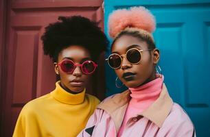 ai généré Jeune noir femmes portant bleu des lunettes de soleil photo