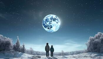 ai généré deux Jeune garçons supporter dans le neige surplombant une blanc lune photo