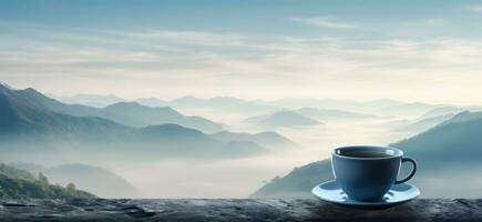 ai généré le Haut de une Montagne dans le distance est représentée par une tasse de thé photo