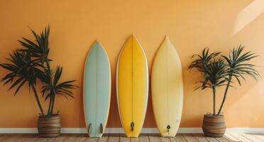 ai généré Trois planches de surf contre une Jaune mur photo