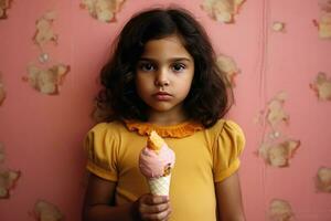 ai généré une peu fille avec une gros la glace crème cône photo