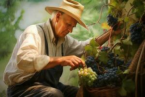 ai généré une homme cueillette les raisins dans le vignoble photo