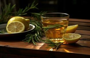 ai généré Romarin thé et citron sur le en bois table photo