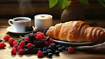 ai généré une délectable petit déjeuner tableau avec des croissants, baies, et fumant café photo