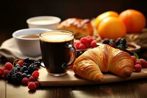 ai généré une délectable petit déjeuner tableau avec des croissants, baies, et fumant café photo