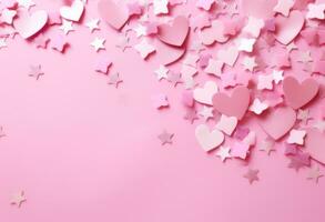 ai généré cœur rose étoiles confettis sur un iridescent rose Contexte photo