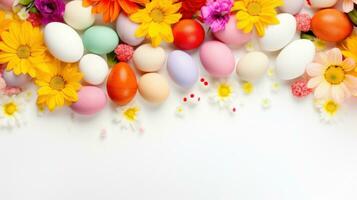 ai généré vibrant Contexte avec œufs, fleurs, et ample copie espace photo