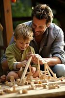 ai généré papa et fils bâtiment ensemble, une délicieux moment capturé, avec pièce pour votre message photo