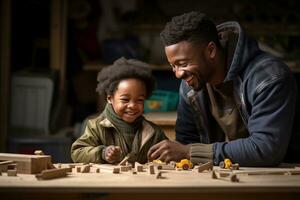 ai généré papa et fils bâtiment ensemble, une délicieux moment capturé, avec pièce pour votre message photo