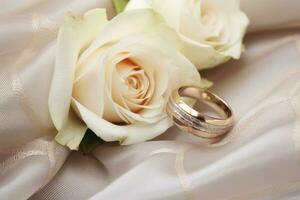 ai généré romantique mariage ambiance avec anneaux, dentelle, et ample espace pour éternel promesses photo