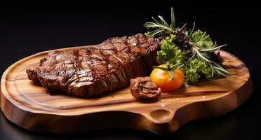 ai généré une nervure œil steak sur une en bois assiette avec une vert salade photo