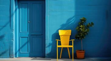 ai généré une bleu et Jaune porte et chaise contre une bleu mur photo