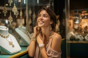 ai généré une femme apprécier bijoux dans une boutique photo