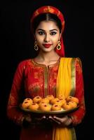 ai généré magnifique Indien femme offre une plateau de traditionnel Indien bonbons photo
