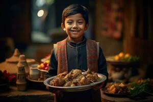 ai généré une Jeune garçon fièrement affiche une repas il a préparé, comprenant une plateau de nourriture et nombreuses pommes. photo