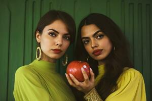ai généré deux femmes posant avec une Frais Pomme photo