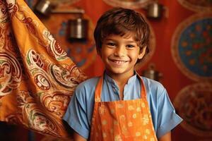 ai généré le souriant garçon chef portant un tablier photo