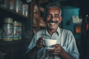 ai généré une homme profiter thé dans une traditionnel boutique photo