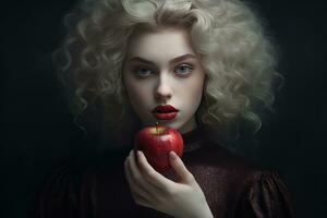 ai généré femme fatale avec une rouge Pomme photo