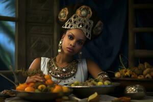ai généré africain reine - riches nourriture, des fruits, et décoratif navires photo