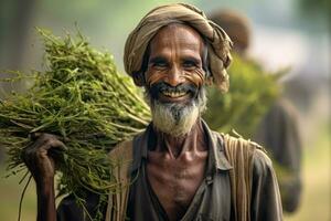 ai généré une content homme porter une grand balle de verdure photo