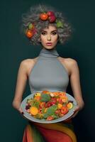 ai généré femelle modèle en présentant une Frais et coloré assiette de saisonnier des fruits photo