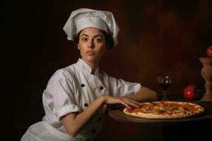 ai généré magnifique chef portion une chaud Pizza photo