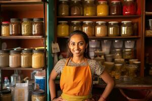 ai généré une souriant commerçant ou ouvrier derrière une compteur affichage divers pots de des produits photo