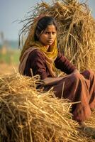 ai généré Indien femme séance dans foins empiler - une rural scène photo